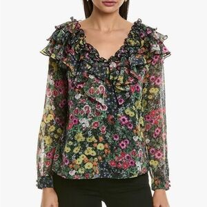 Ted Baker Black Floral Ruffle V-Neck Blouse